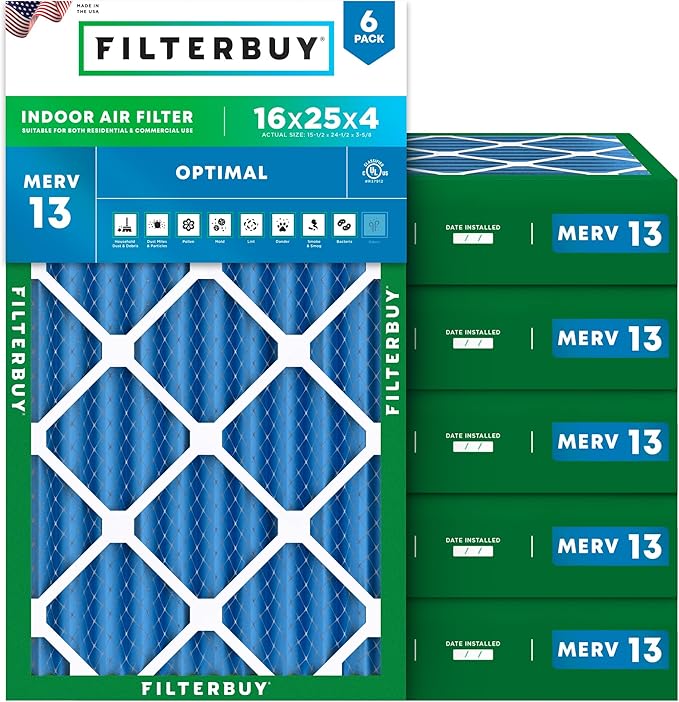 Filterbuy 16x25x4 Air Filter MERV 13 (MPR 1900) Health Defense Replacement (6-Pack), Electrostatic Pleated HVAC AC Furnace Filters, Made in USA (Actual Size: 15.50 x 24.50 x 3.63)