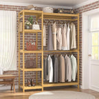 Homykic Bamboo Clothes Rack Garment Rack for Hanging Clothes, Heavy Duty Clothing Rack with 7 Tiers Adjustable Shelves, Double Rods, 4 Hooks, Freestanding Closet System Organizer Wardrobe, Natural