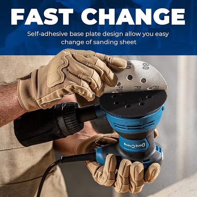 Dong Cheng 5-Inch Random Orbital Sander 3 Amp 12000OPM, 6 Variable Speeds, with 10pcs Sandpaper & Detachable Dust Bag, Sanding for Woodworking, Refinish Furniture & Remove Varnish