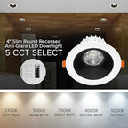 Maxxima 4 in. Ultra-Thin Recessed Anti-Glare LED Downlight - Canless IC Rated, 1200 Lumens, 5 Color Temperature Selectable 2700K/3000K/3500K/4000K/5000K, Dimmable Round White Trim Black Baffle, 90 CRI
