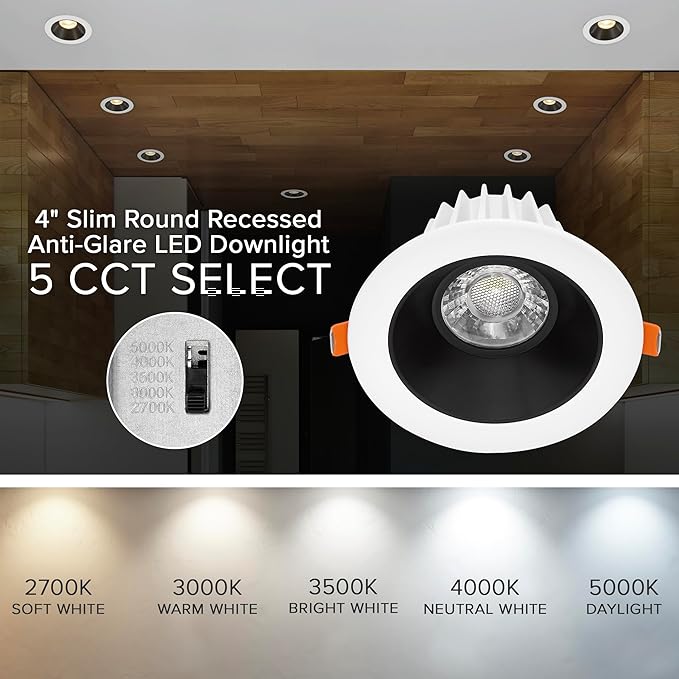 Maxxima 4 in. Ultra-Thin Recessed Anti-Glare LED Downlight - Canless IC Rated, 1200 Lumens, 5 Color Temperature Selectable 2700K/3000K/3500K/4000K/5000K, Dimmable Round White Trim Black Baffle, 90 CRI