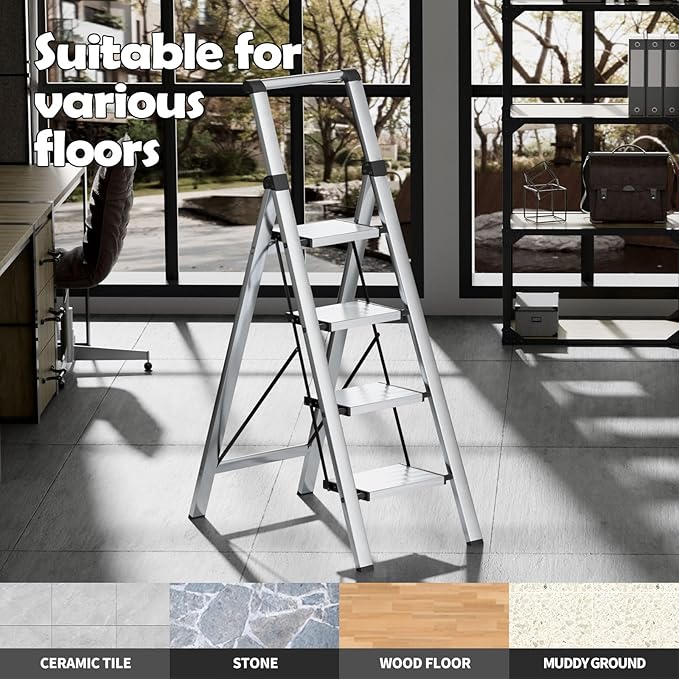 Taranta 4 Step Ladder, Portable Folding Ladder with Wide Pedal, Lightweight Aluminum Step Stool with Convenient Handgrip, 330 lbs Capacity Stepladder for Home, Office - Silver
