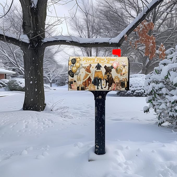 Happy New Year Magnetic Mailbox Covers 21x18 Inch Winter Dogs Balloon Holiday Post Mail Box Cover Standard Size for New Year Garden Outdoor Decor