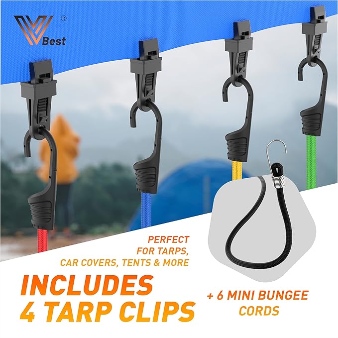Bungee Cords with Hooks - Heavy Duty Outdoor UV & Weather Resistant 28pc Assortment with 4 Free Tarp Clips, Ball bungees, Canopy Ties & Storage Bag