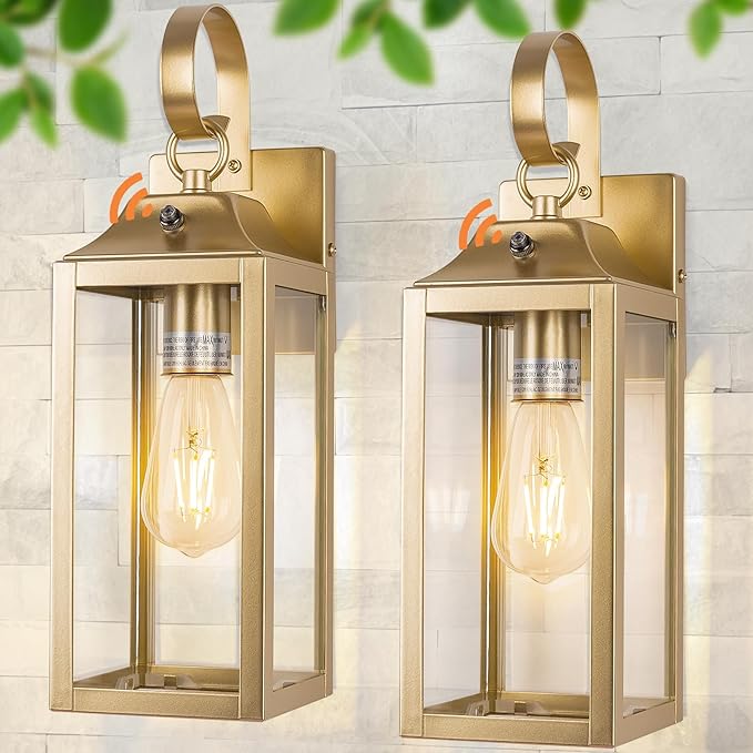 Dusk to Dawn Wall Lights 2 Pack, Gold Outdoor Light Fixtures, 15 Inch Exterior Wall Sconces Waterproof, Large Outside Lights for House, Modern Wall Lanterns Clear Glass