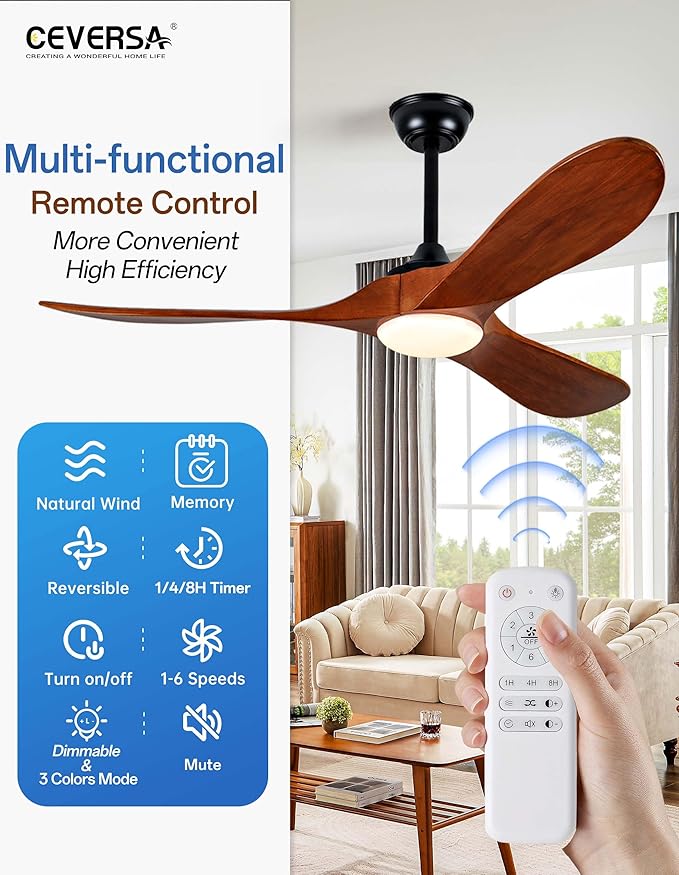 52 Inch Ceiling Fans with Lights and Remote,Solid Wood Indoor/Outdoor Ceiling Fans for Patios,Memory Function,Quiet DC Motor High CFM,Propeller 3 Blades for Porch,Farmhouse,Walnut