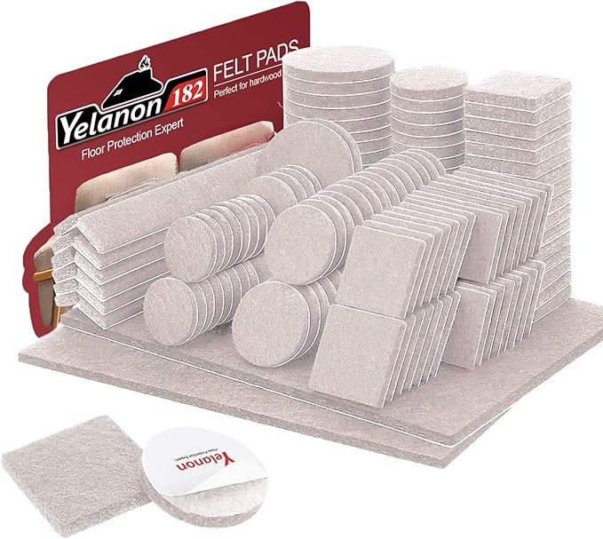 Yelanon Felt Furniture Pads -182 Pcs Premium Felt Pads for Chair Legs Furniture, Floor Protectors for Hardwood Floors, Beige