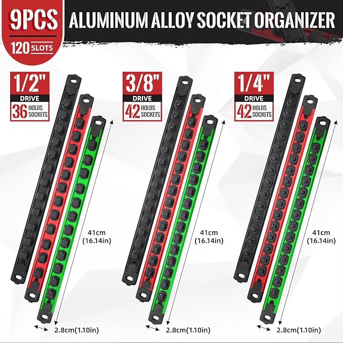 Magnetic Socket Organizer, 9-Piece Heavty Duty Aluminum Socket Holder, Socket Rail for Tool Box, Premium Quality 360° Swivel Socket Rack Kit with 120 Clips for 1/2, 3/8, 1/4-Inch(Multicolors)