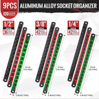 Magnetic Socket Organizer, 9-Piece Heavty Duty Aluminum Socket Holder, Socket Rail for Tool Box, Premium Quality 360° Swivel Socket Rack Kit with 120 Clips for 1/2, 3/8, 1/4-Inch(Multicolors)