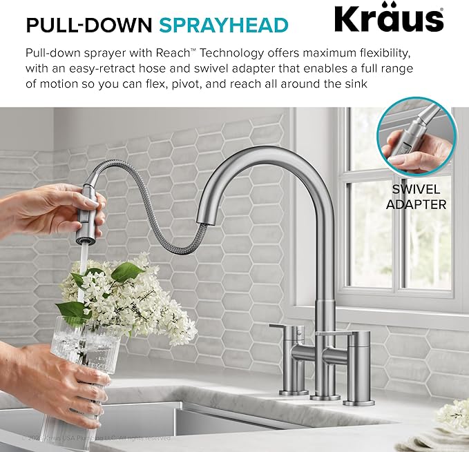 KRAUS Oletto Bridge Kitchen Faucet with Pull-Down Sprayhead in Spot-Free Stainless Steel, KPF-3122SFS