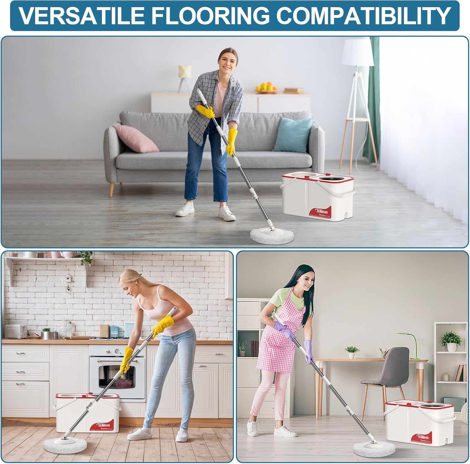 Gen 1 Large-Capacity Spin Mop and Bucket – for Big Homes & Deep Cleaning Days,4-Chamber System Separates Dirty & Clean Water, 2-GAL Heavy-Duty Design with Wheels & 6 Refill Mop Heads - White/Red