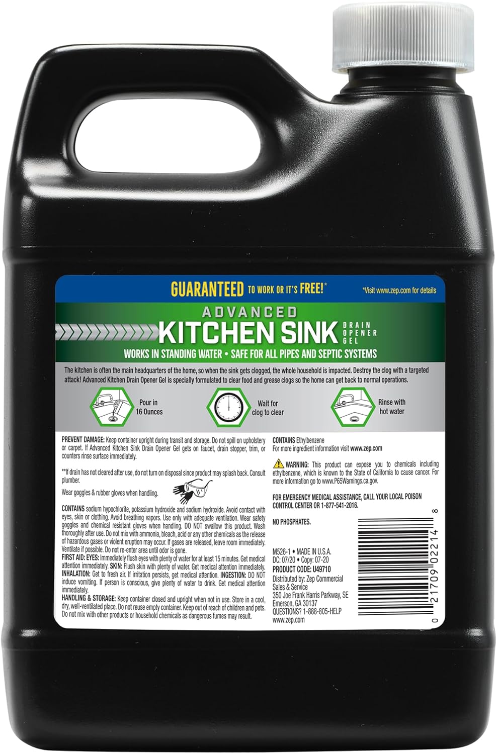Zep Advanced Kitchen Drain Opener 32 oz (Case of 12) U49710 - Formulated for Grease, Food, and Oil-Safe for Garbage Disposal