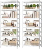 FOTOSOK 6-Tier Bamboo Shelf Set of 2, Bamboo Bookcase with Adjustable Shelves, Free Standing Storage Shelf Unit Plant Flower Stand, Tall Large White Bookshelf for Kitchen, Bathroom, Home Office, White