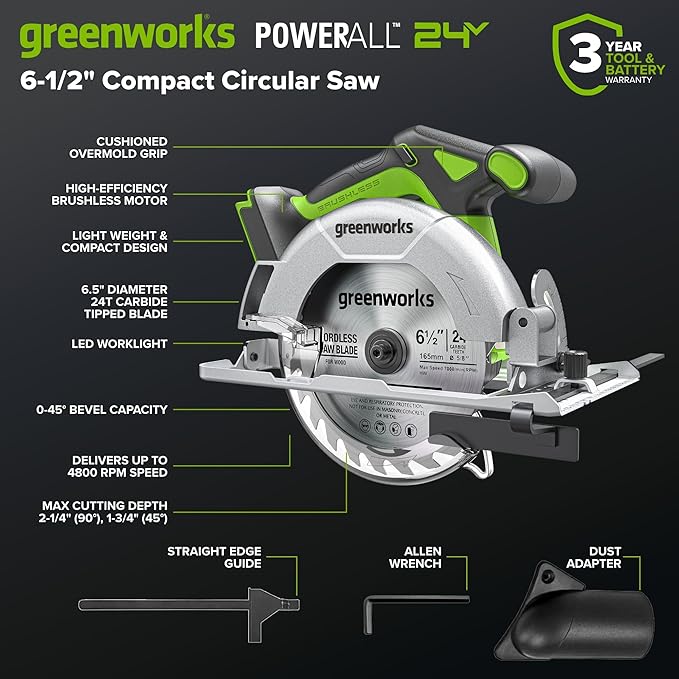 Greenworks 24V Cordless Brushless 4PCs Combo, 400 in-lbs Drill/Driver+1950 in-lbs Impact Driver +6.5" Circular Saw +200LM Flashlight, 2.0Ah+4.0Ah Batteries (24,000mAh Power Bank) 65W USB-C Charger