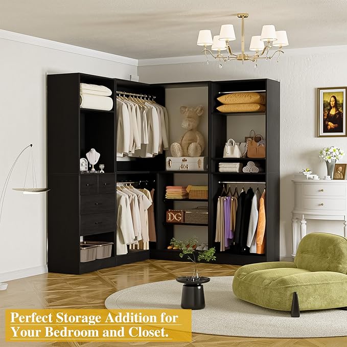 Unikito 86” Closet System, Corner Closets Organizer with Hanging Rods and Mirror, Freestanding Adjustable Clothes Garment Racks with Drawers, Sturdy Walk in Closet Kit with 3 Set Closets Tower, Black