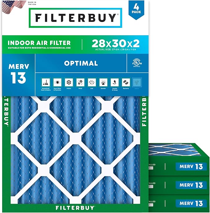 Filterbuy 28x30x2 Air Filter MERV 13 (MPR 1900) Health Defense Replacement (4-Pack), Electrostatic Pleated HVAC AC Furnace Filters, Made in USA (Actual Size: 27.75 x 29.75 x 1.75)