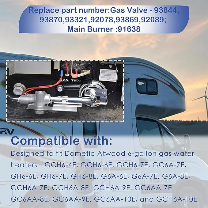 93844 RV Water Heater Solenoid Gas Valve & 91638 Main Burner Kit Fit for Atwood 6 Gallon Water Heater GC6AA-10E,G6A-8E,G6A-6E,GCH6-4E,GH6-6E,Etc