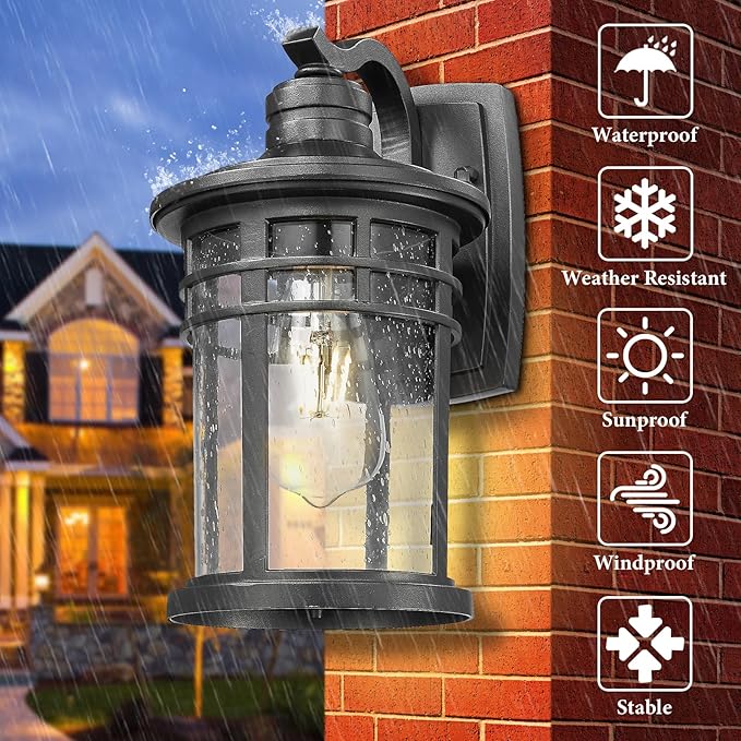 Darkaway Outdoor Porch Lights Wall Mount, Outdoor Light Fixtures Sconces Wall Lighting with Seeded Glass Waterproof Exterior Lights for Patio Yard House Hallway Doorway Garage(1 Pack, Black)