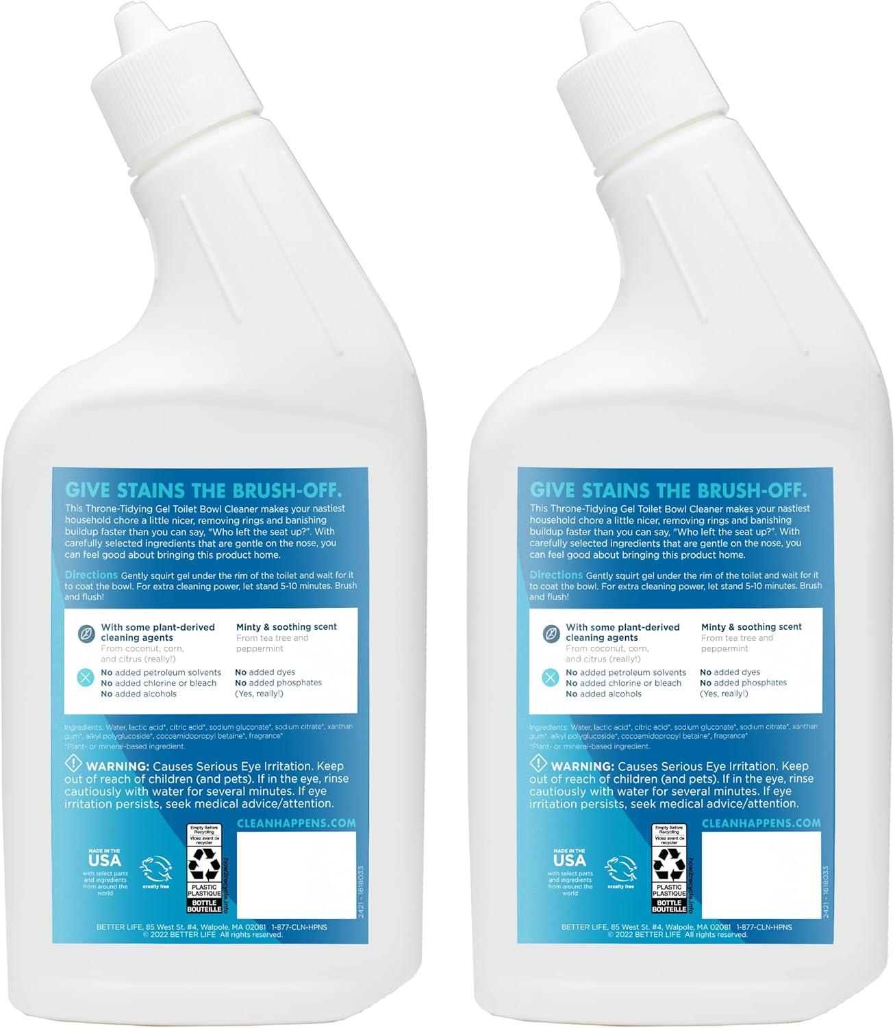 Better Life Toilet Bowl Cleaner, Plant-based, Stain & Odor Remover, Tea Tree & Peppermint Scent Cleaning Gel, Liquid Bathroom Cleaners for Household, 24 Oz, Pack of 2