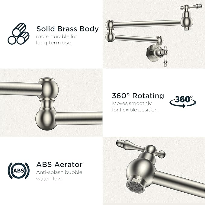 FORIOUS Pot Filler Faucet Brushed Nickel, Folding Stretchable Solid Brass Wall Mount Commercial Traditional Faucet Over Stove with Antique Double Joint Swing Arm for Kitchen Restaurant Vintage