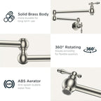 FORIOUS Pot Filler Faucet Brushed Nickel, Folding Stretchable Solid Brass Wall Mount Commercial Traditional Faucet Over Stove with Antique Double Joint Swing Arm for Kitchen Restaurant Vintage