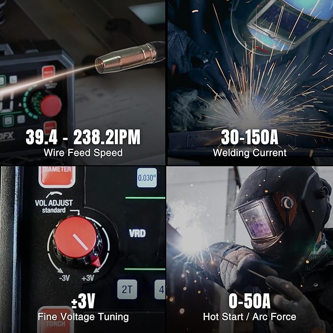 150A MIG Welder, 3-in-1 Synergic MIG Flux Core/MMA/TIG Welding Machine, 120V Portable IGBT Inverter with Large LED Display, 2T/4T/Spot Modes, Wire Feed 0.030"/0.035"