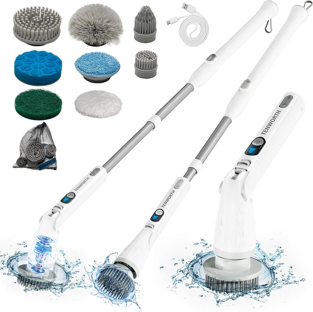 Electric Spin Scrubber, Cordless Cleaning Brush with Long Handle & 8 Brush Heads IPX7 Waterproof Bathroom Scrubber for Tub Grout Tile Floor, TBL03