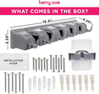 Combo 5 Slot Broom Holder w/ 1 Self Adhesive Mop Gripper No-Drilling, Wall Mount Tool Organizers For Kitchen, Garage, Laundry Room- Anti-Slip Hanger For Brooms, Mops, Rakes, Dustpans (Grey / White)