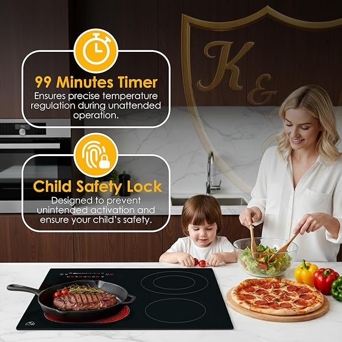 K&H 4 Burner 24 Inch Built-in Electric Stove Top Radiant Ceramic Cooktop SLIDER Touch Control 240V 7200W CE24-7206SL