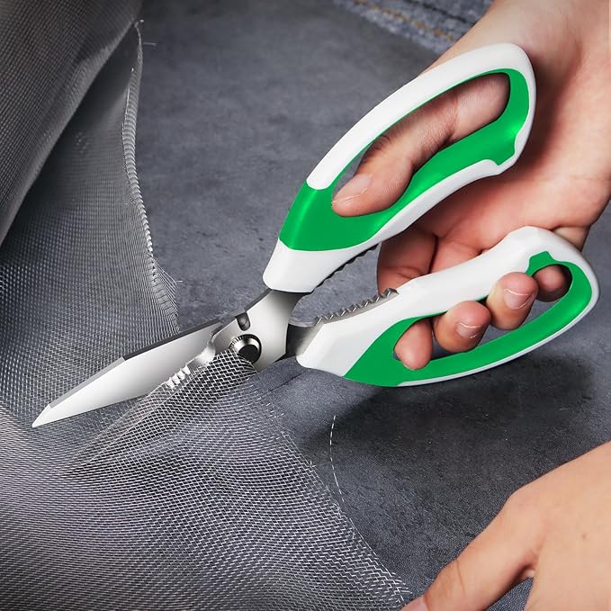 8-Inch Heavy Duty Utility Scissors All Purpose, Serrated Blade, Green Comfort Grip for Cutting Carpet, Cardboard, Leather, Fabric, Multipurpose Sharp Shears for Kitchen, Garden, Office, Carft