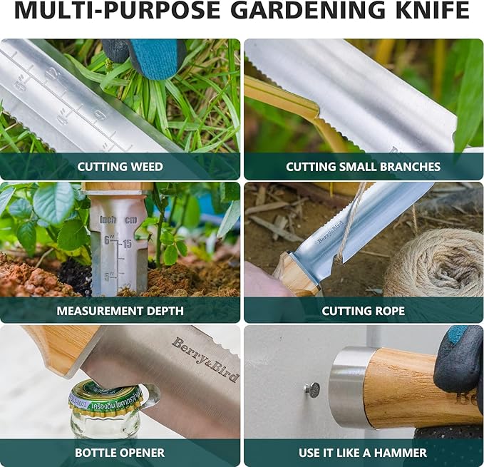 Berry&Bird Hori Hori Garden Knife, Multi-Purpose Gardening Knifes with 7" Stainless Steel Double Edge Sharp Blade, Soil Knife with Canvas Sheath, Full-Tang Garden Tools for Weeding Planting Digging
