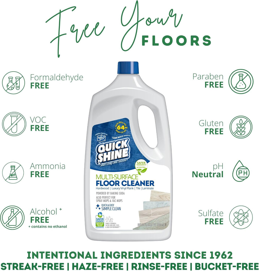 Quick Shine Multi Surface Floor Cleaner 64oz, Ready to Use-Streak Free-No Rinse, Use on Hardwood, Laminate, Luxury Vinyl Plank & Stone, Use in Spray Mops & Vac Mops, Safer Choice Cleaner