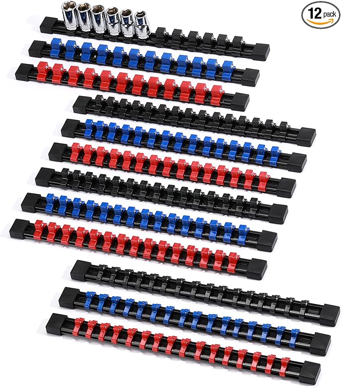 Mayouko 12PCS ABS Socket Organizer, Portable Socket Rail Holder for Toolbox, 1/4 Inch x 48 Clips, 3/8 Inch x 90, 1/2 Inch x 36
