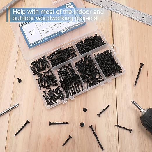 High Hardness Black Wood Screws Assortment Kit, 209 pcs, Phillips Drive Flat Head, Wood Screws, Screws, Drywall Screws, Assorted Screws, Screws Set, 6 Sizes (2”,1-1/2”,1-1/4”,1”,3/4”,1/2”)