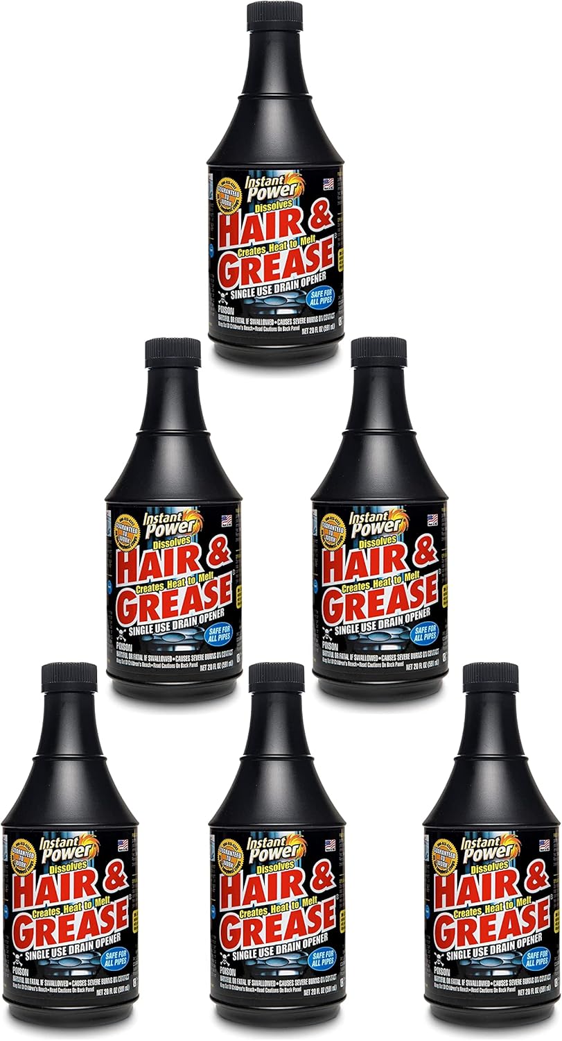Instant Power Hair and Grease Drain Opener – Multipurpose Liquid Drain Cleaner and Clog Remover, Odorless, Ready to Use, 20 Oz, 6 Pack