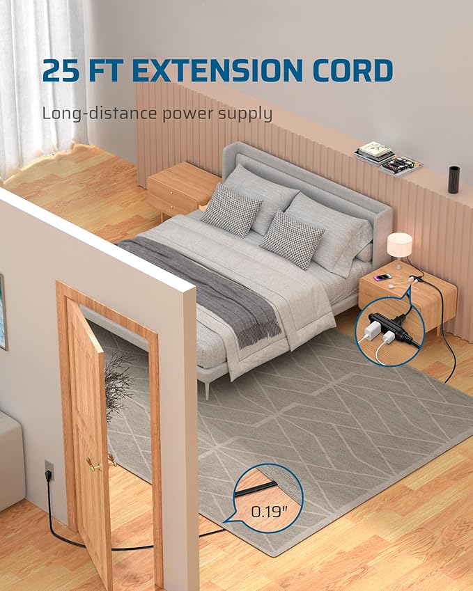 DEWENWILS Flat Plug Extension Cord, 25 FT 16/3 Awg Grounded Power Cable, 3 Outlets Power Strip for Indoor Use, SPT-3 Cord, Space Saving for Office, School, Travel, Dorm, ETL Listed, 1 Pack, Black