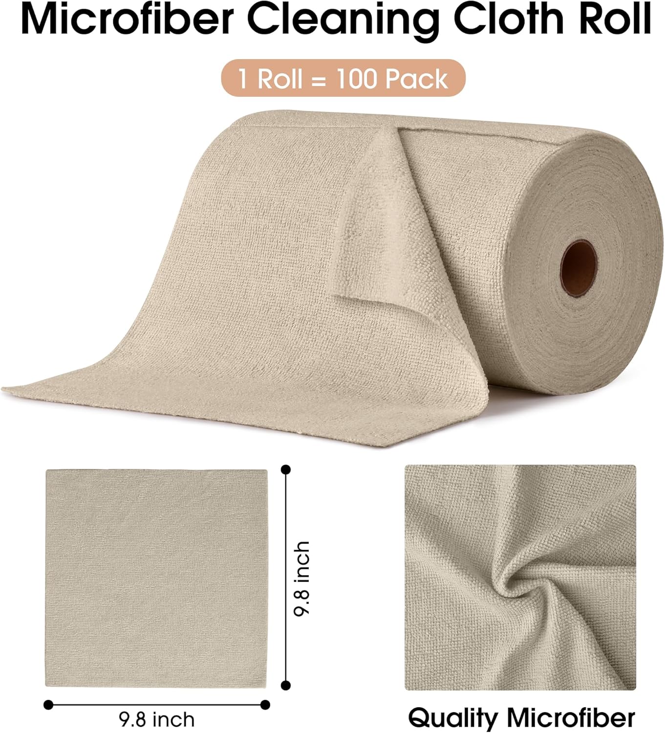 KitchLife Microfiber Cleaning Cloth Roll, 100 Pack - Tear-Away Microfiber Paper Towels, Lint-Free, Reusable, Washable for Kitchen, Car, Dishes, and Sensitive Surfaces (Sand Beige)