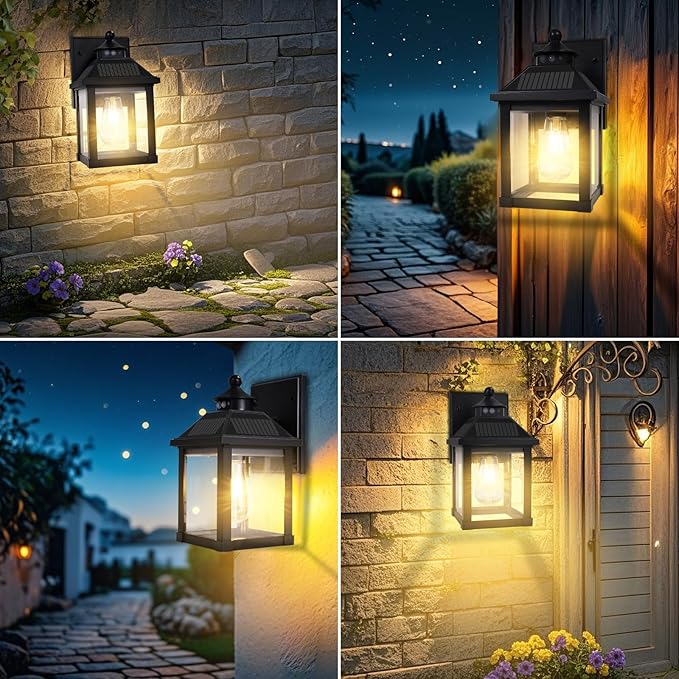 Solar Wall Lights Outdoor, Dusk to Dawn Motion Sensor Lights Waterproof, Solar Porch Lights with 3 Modes & Motion Sensor, Lantern Light Fixture for Patio Garage Entryway Garden