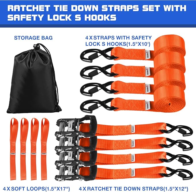 Tie Down Ratchet Straps with S Hooks Heavy Duty 4400 LB 1.5" x10' Lashing Appliance Moving Furniture Tow Rope Wheel, ATV,UTV,Dirt Bikes,Ladder Rack,Trailer,Boat,Truck Bed Accessories for Men Orange