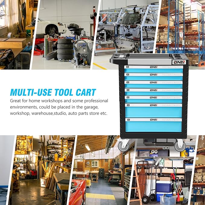 DNA MOTORING 7-Drawer Rolling Tools Chest, Rolling Tool Storage Cabinet, Heavy Duty Mechanic Tool Cart, Trolley Organizer for Garage, Warehouse, Workshop, Blue, TOOLS-00482