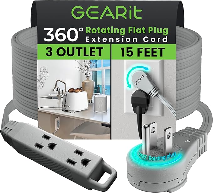 GEARit 360 Rotating Flat Plug Extension Cord with 3 Outlets (15ft, Gray) 16AWG/13A 3 Prong Wire, Outlet Saver for Home Office Dorm Room Essentials, ETL Certified