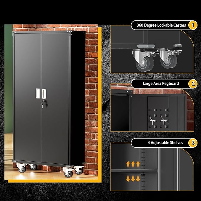Greenvelly Metal Garage Storage Cabinet with Wheels, Black 72" Rolling Storage Cabinet with 2 Doors and Adjustable Shelves, Steel Tool Cabinets, Metal File Cabinets for Garage, Home Office
