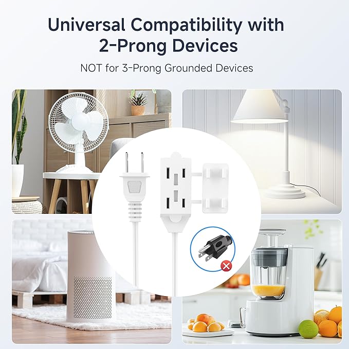 Cable Matters [UL Listed] 2-Pack 16 AWG 2 Prong Extension Cord 10 ft, 13A 3-Outlet Extension Cords with Tamper Guard, 13 Amp, 1625 Watts, White