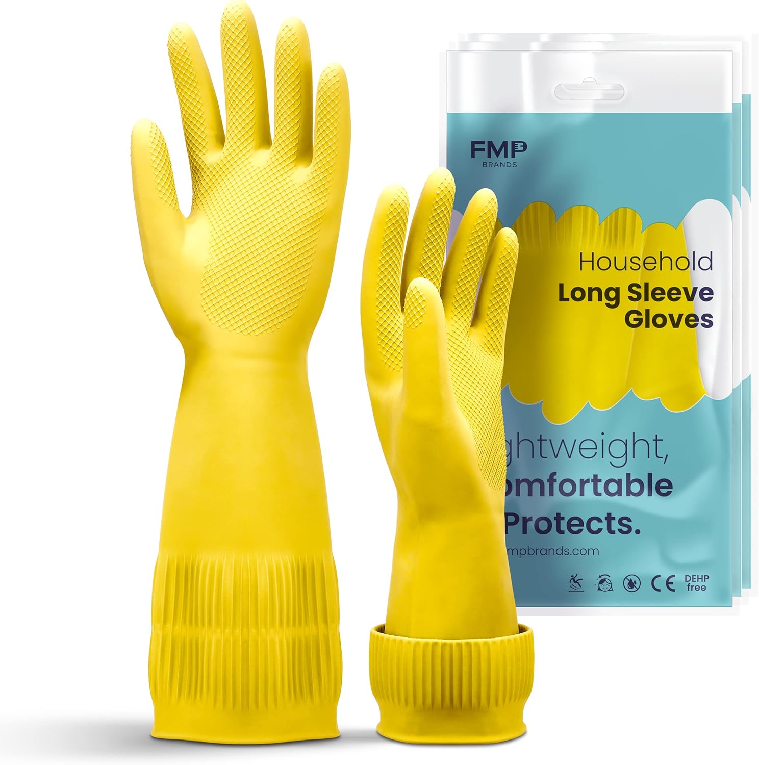 FMP Brands 3/6/12/60 Pairs 15 Inch Extra Long Rubber Dishwashing Gloves - Non-Slip for Cleaning, Kitchen, Bathroom, Gardening