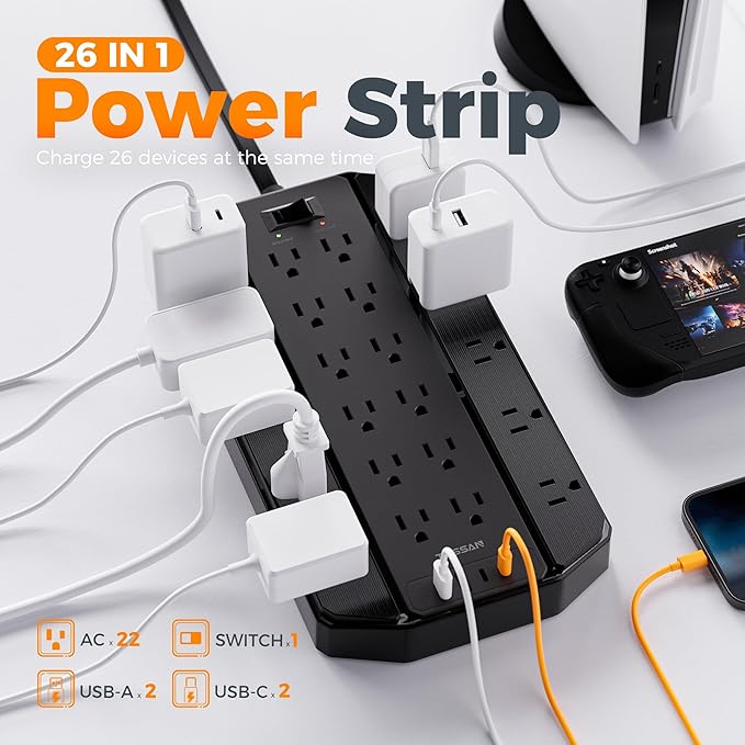 TESSAN 22 Outlets Large Power Strip with 4 USB Ports (2 USB C), 15FT Heavy Duty Extension Cord with Multiple Outlets, 4000 Joules Surge Protection, Wall Mountable for Gaming, Office, Home, Black