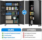 72" H Extra Wide and Deep Garage Storage Cabinet with Wheels & Pegboard, Large Locking Metal Storage Cabinet with 2 Doors and 4 Adjustable Shelves for Garage, Home, Black