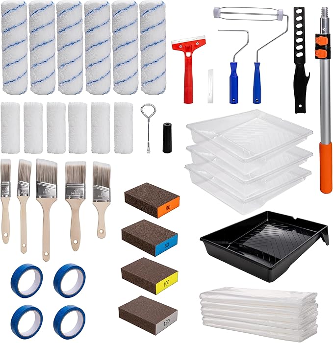 Paint Roller Kit with Extension Pole, 41Pcs Paint Supplies for Painting Walls, 4" & 9" Rollers with Frame, Tray with Liners, Paint Brushes, Scraper, Drop Cloths, Painters Tape, Sanding Sponges