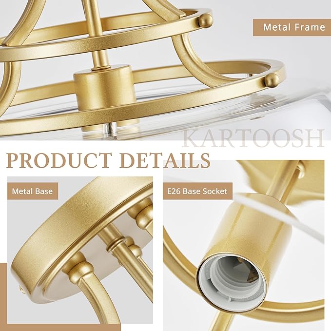 Industrial Round Chandelier Rustic Ceiling Light Fixture Farmhouse Pendant Light with Clear Glass Shade for Dining Room Hallway Entryway Kitchen Bedroom, Gold