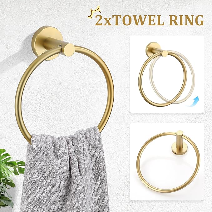 TURS Brushed Gold 8 Piece Bathroom Hardware Set, SUS304 Stainless Steel 24 Inch and 20 Inch Bath Towel Bar Set, Round Bathroom Accessories Kit Wall Mounted