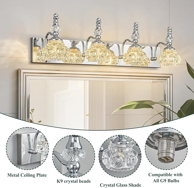 4-Light Vintage Bathroom Vanity Light Fixture Industrial Chrome with Glass Shade Vanity Light Fixtures Over Mirror Glass Bathroom Vanity Lighting Fixtures G9 Bulb Wall Lights